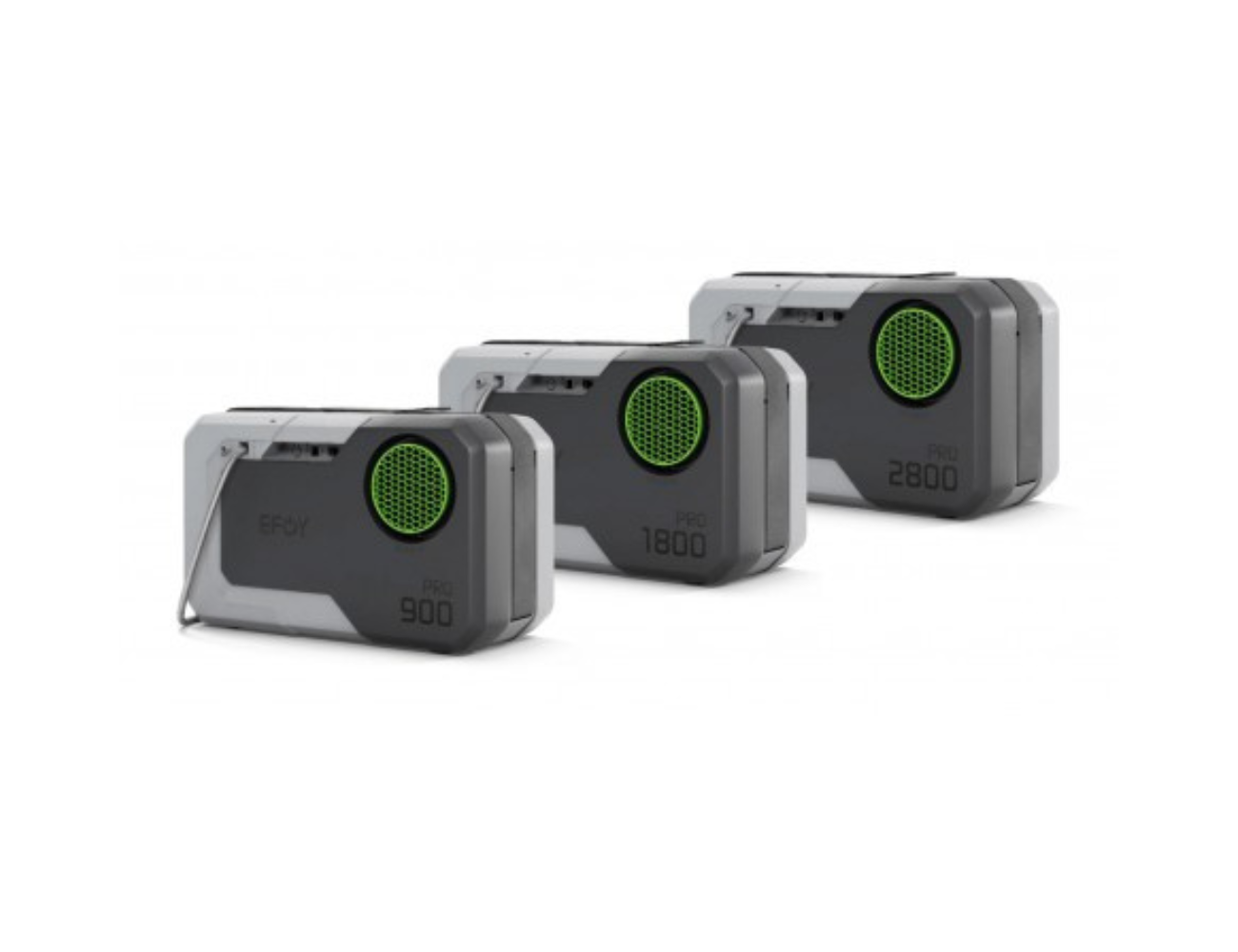 Three portable power packs, lined up.