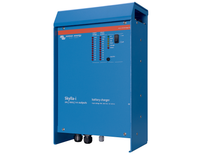 Angled left-side view of a Victron Skylla-i 24V 100A (1+1) battery charger in blue powder-coated enclosure.