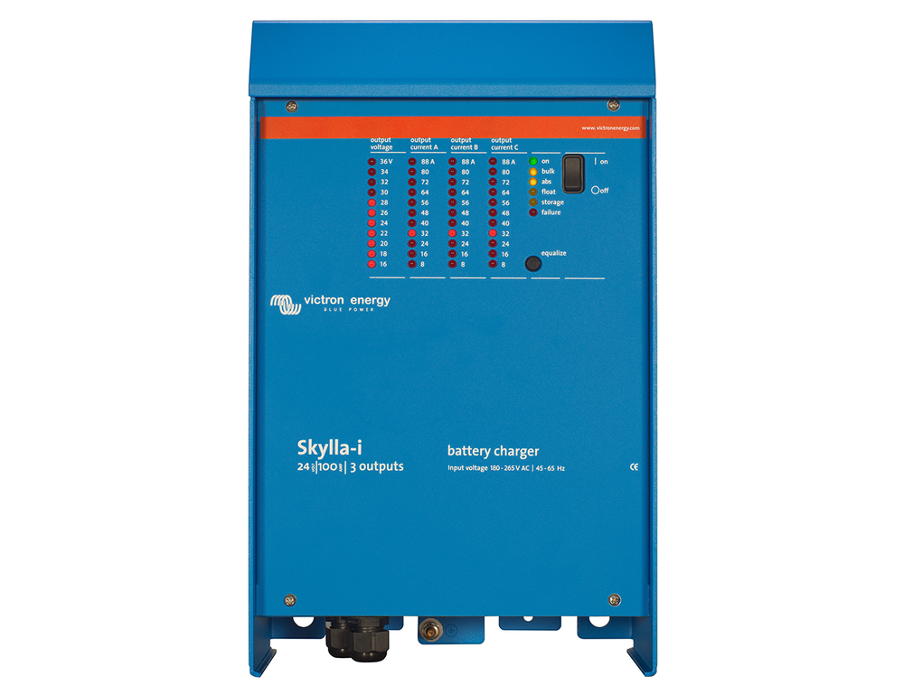 Front view of a Victron Skylla-i 24V 100A (3) battery charger with three output current LED indicator columns.