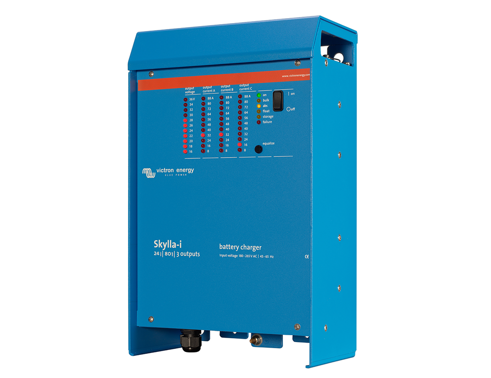 Angled left-side view of a Victron Skylla-i 24V 80A (3) three-output battery charger showing cable glands.