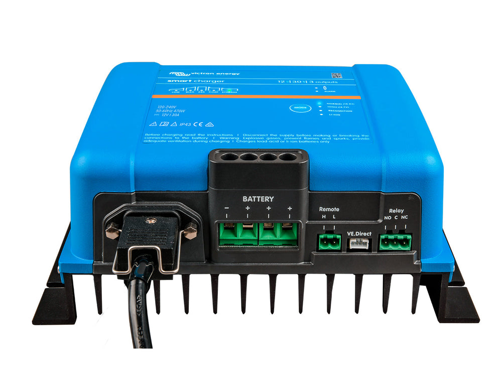 Victron Smart IP43 Charger 12/30(3) at a front angle, a 12V 30A battery charger for three battery banks.