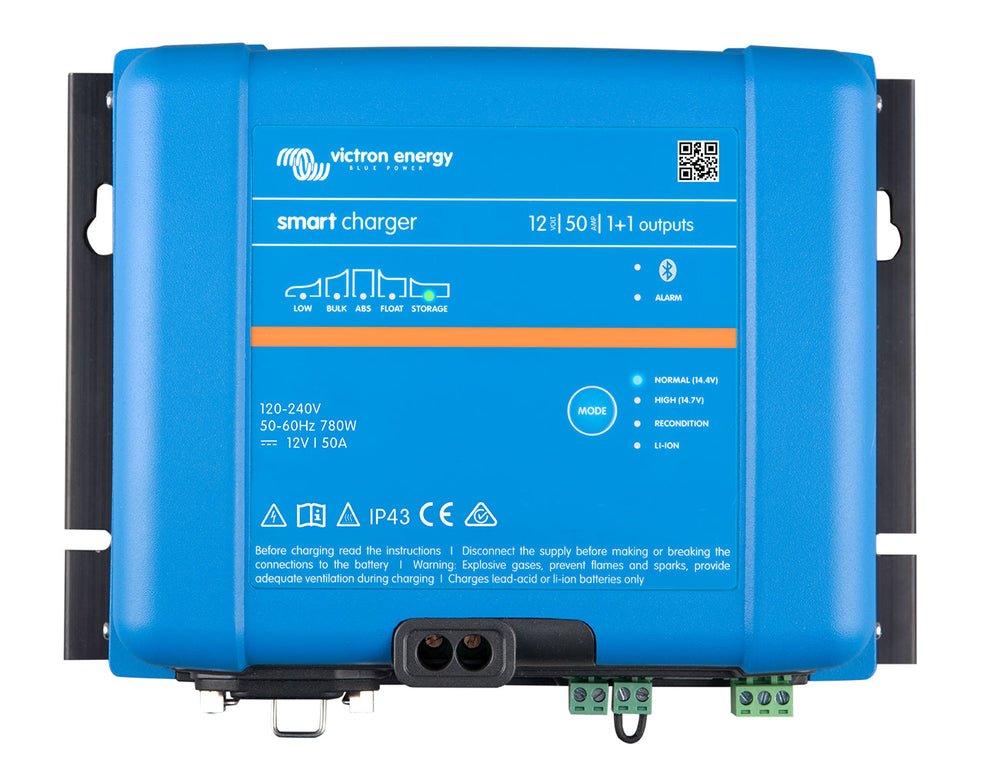 Top view of the Victron Smart IP43 Charger 12/50(1+1), a 12V 50A charger with main and starter battery outputs.