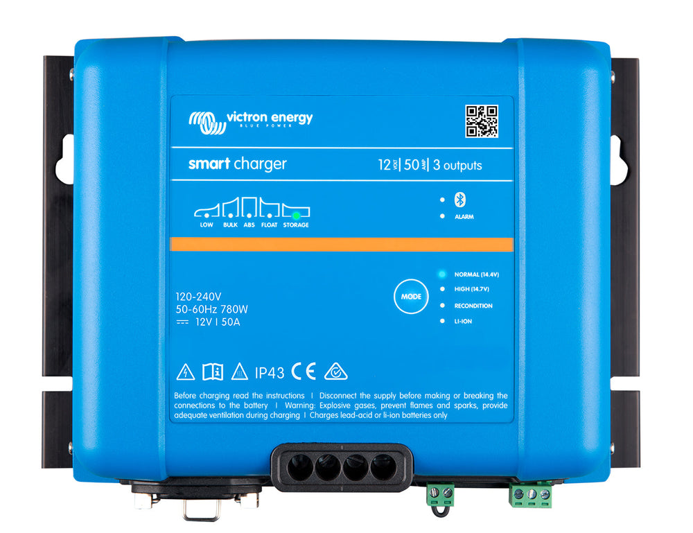 Top view of the Victron Smart IP43 Charger 12/50(3), a 12V 50A charger with three battery outputs.