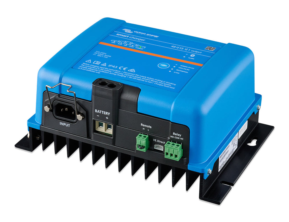 Left side view of the Victron Smart IP43 Charger 48/13(1), a 48V 13A battery charger for one battery bank.