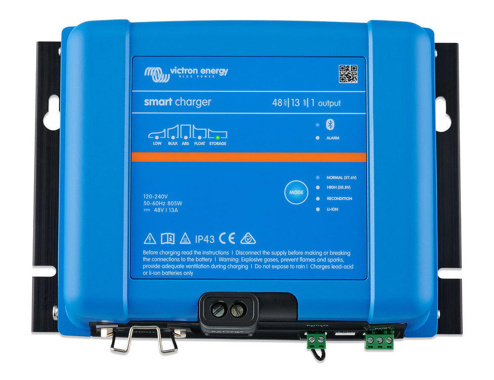 Top view of the Victron Smart IP43 Charger 48/13(1), a 48V 13A charger for a single battery bank.