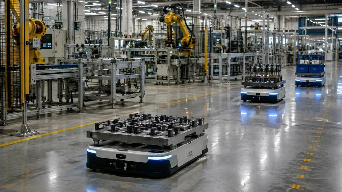 Autonomous mobile robots navigate a clean, spacious industrial factory floor with robotic arms and manufacturing equipment in the background.