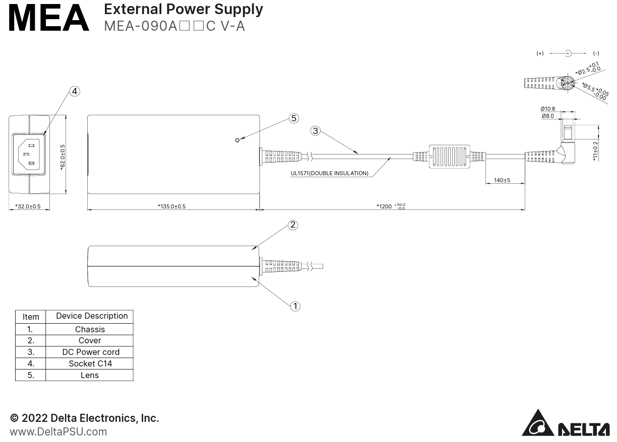 Technical drawing of an external power supply with labeled components and specifications.