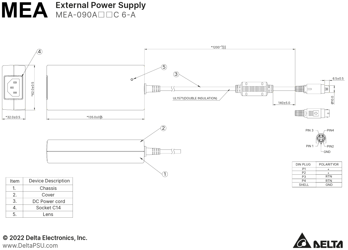Technical drawing of an external power supply with labeled parts and specifications.