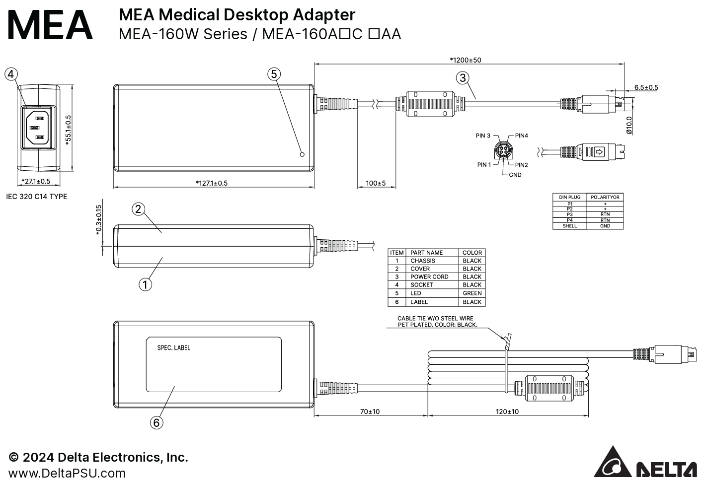 Technical Drawing of MEA Medical Desktop Adapter with labeled parts and specifications.