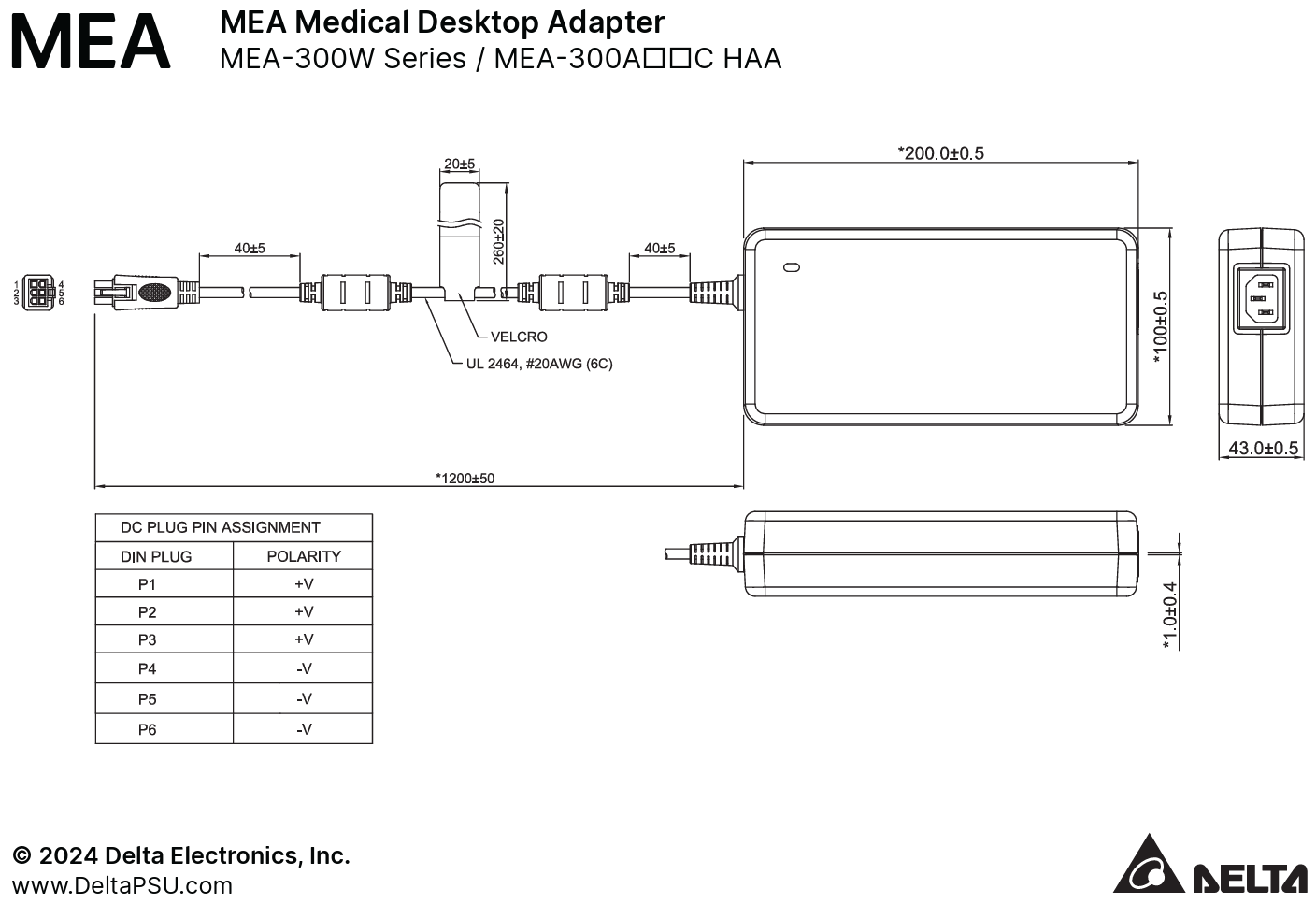 Technical Drawing of a MEA Medical Desktop Adapter with specifications and Delta Electronics branding.