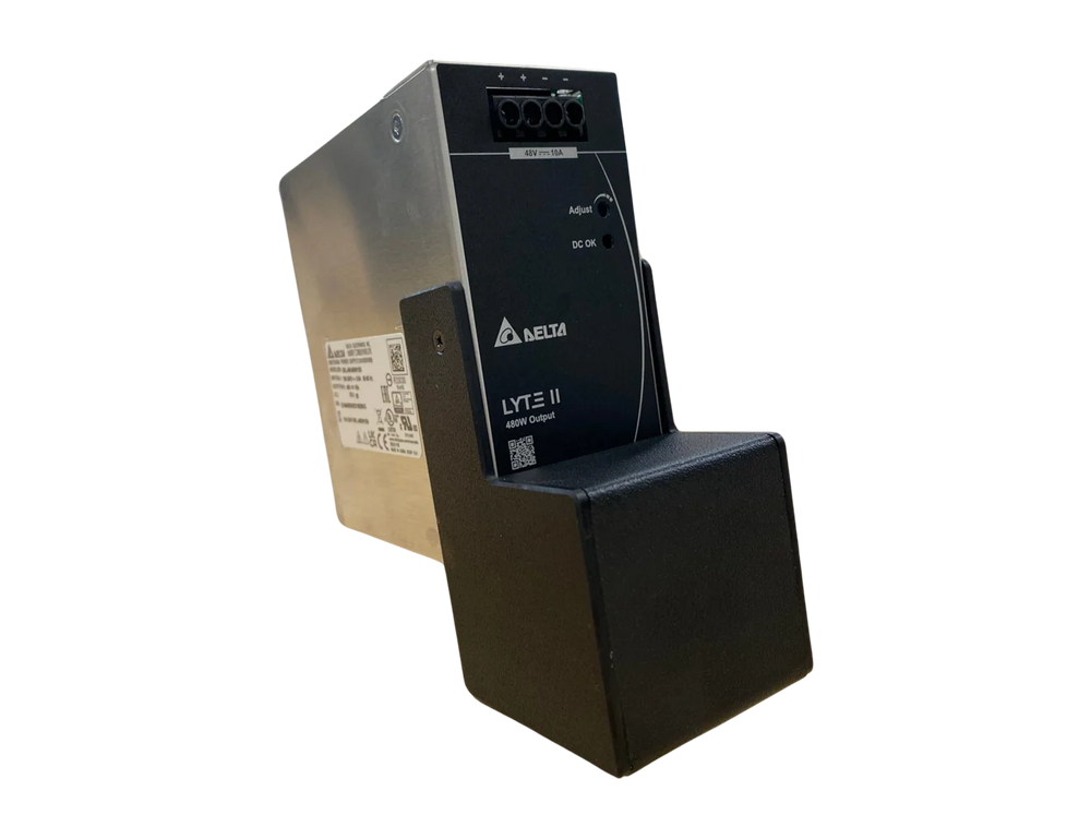 Delta LYTE II power supply unit in holder with detailed labeling, designed for reliable industrial applications.