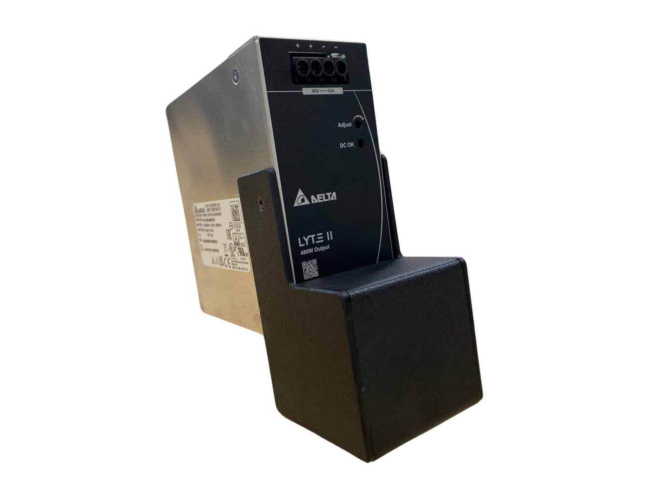 Delta LYTE II power supply unit in holder with detailed labeling, designed for reliable industrial applications.