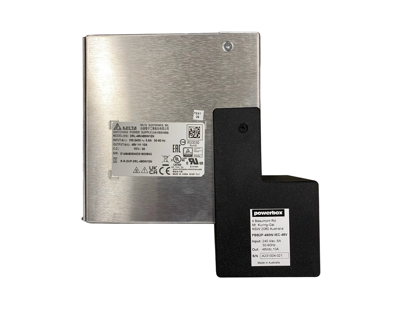 Powerbox PBB2P 480W AC/DC power supply showing front and back views, ideal for industrial applications.