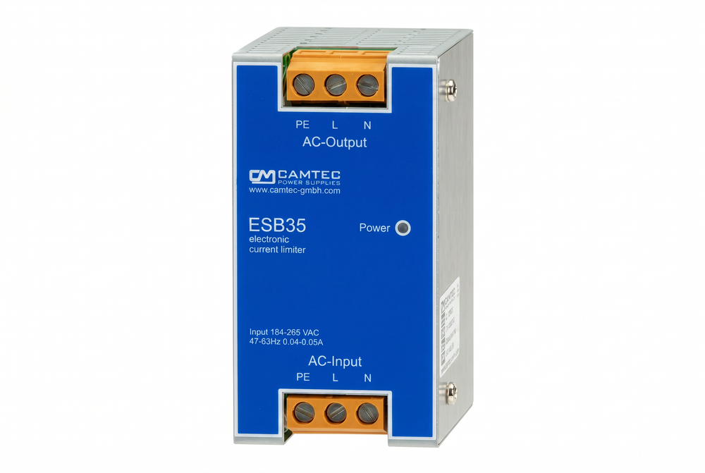 Camtec ESB00351 30A inrush current limiter on DIN rail