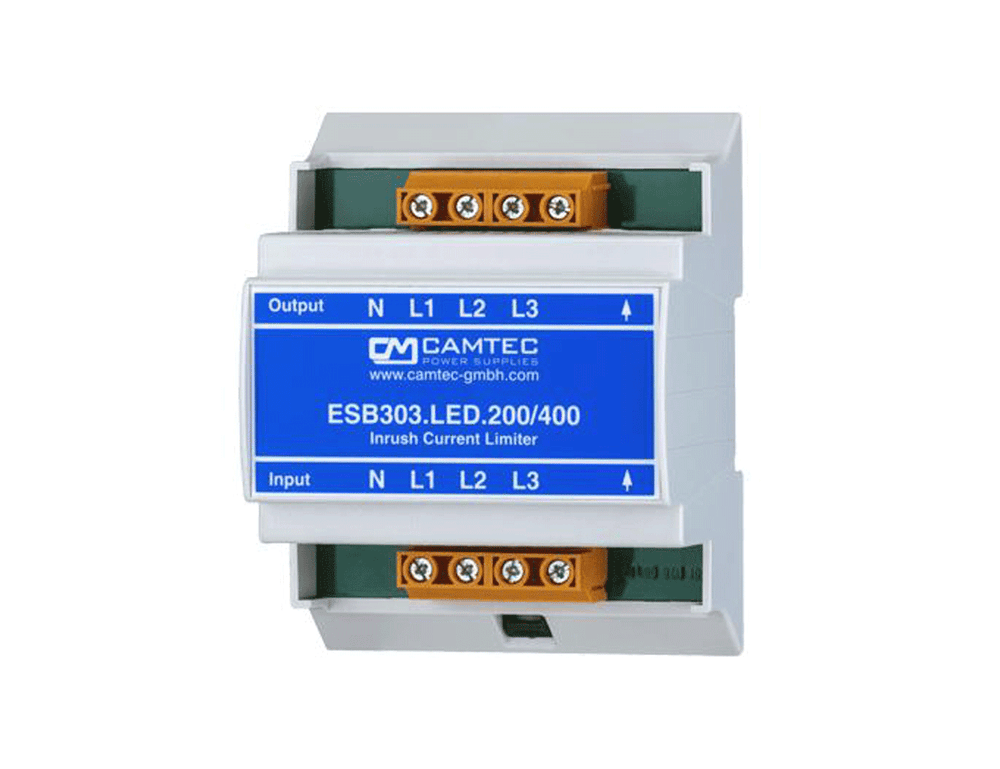 Camtec ESB303 three-phase inrush current limiter on DIN rail