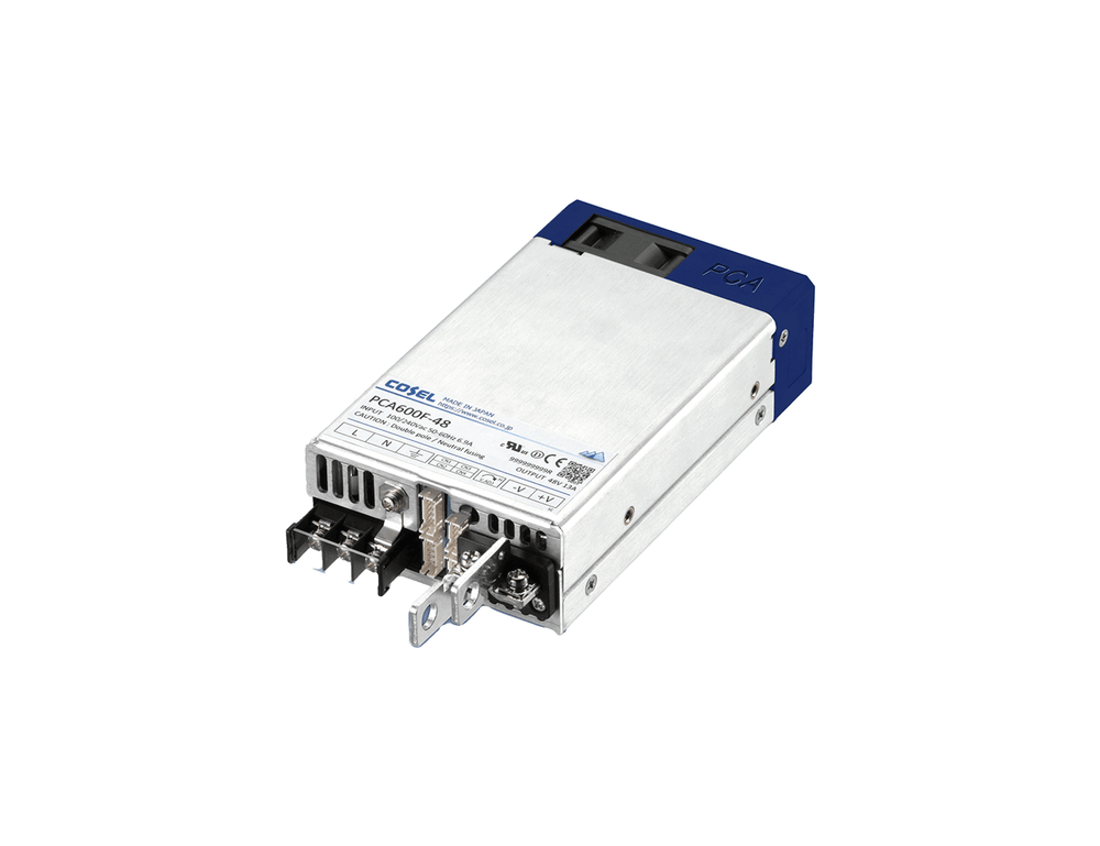 Cosel PCA600F series enclosed AC/DC power supply, 600W medical-grade unit with screw terminal block.