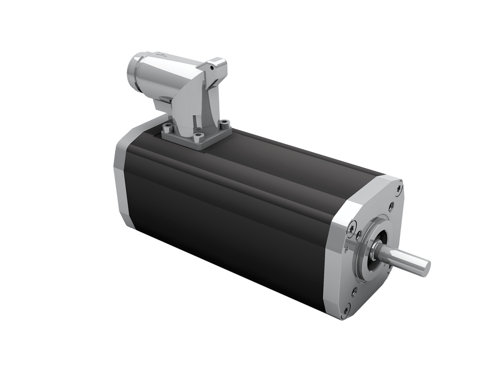 Dunkermotoren BG 45 dMove brushless DC motor with integrated CANopen controller and angular gearbox, shown on black background.
