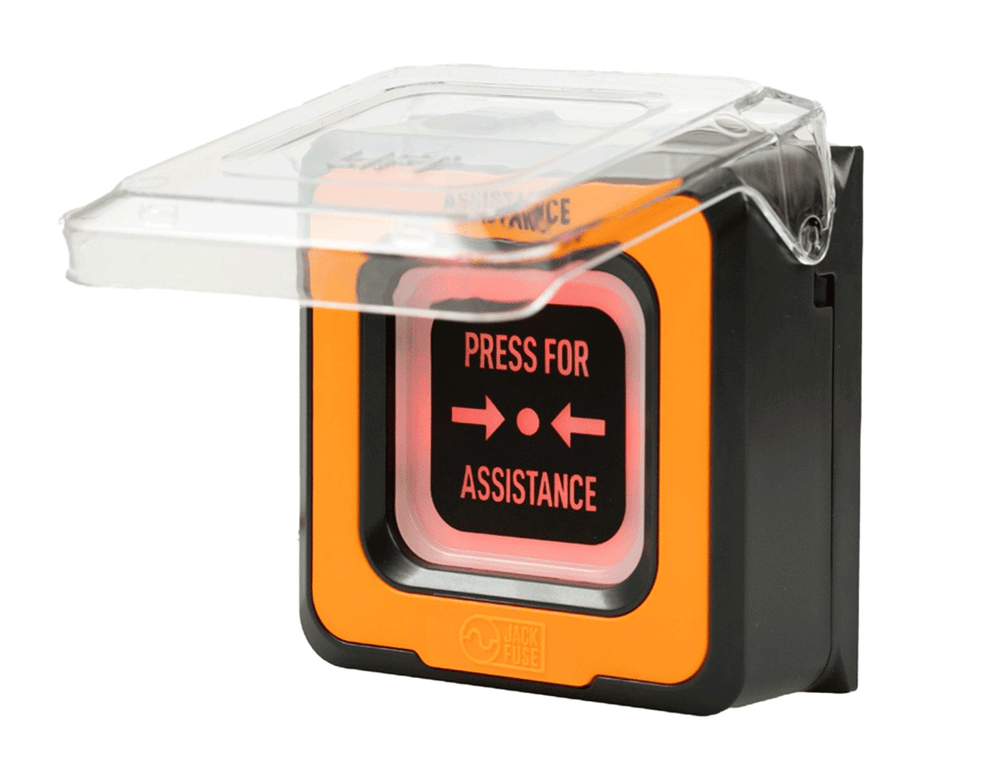 Jack Fuse SCP-A orange Safety Call Point with backlit "Press for Assistance" actuator and lift-up cover