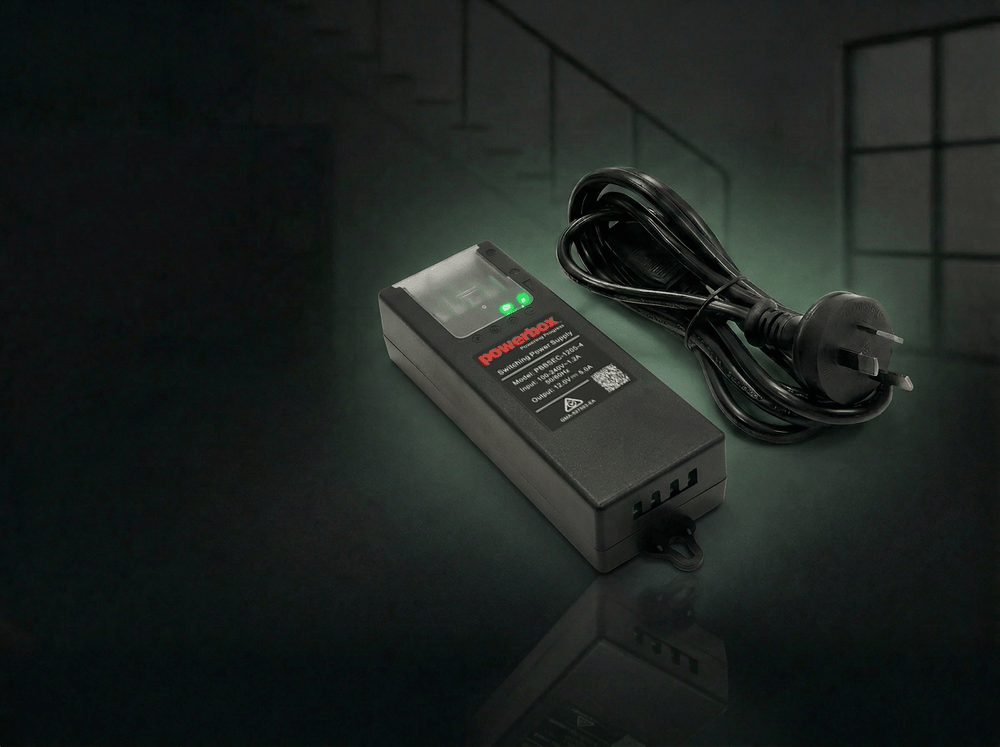Powerbox PBBSEC-1205-4 12 V security power supply with Australian mains plug and lead on dark background.