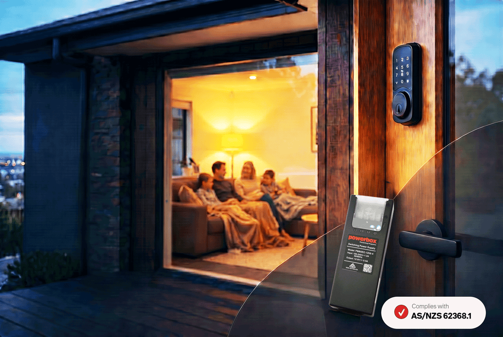 Powerbox PBBSEC-1205-4 AS/NZS 62368.1 compliant power supply shown with a residential smart door lock at dusk.