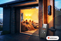 Powerbox PBBSEC-1205-4 AS/NZS 62368.1 compliant power supply shown with a residential smart door lock at dusk.
