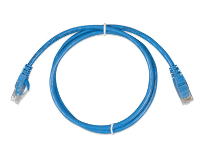 Short blue Victron RJ45 UTP patch cable looped once, with clear RJ45 plugs and moulded strain-relief boots at both ends.