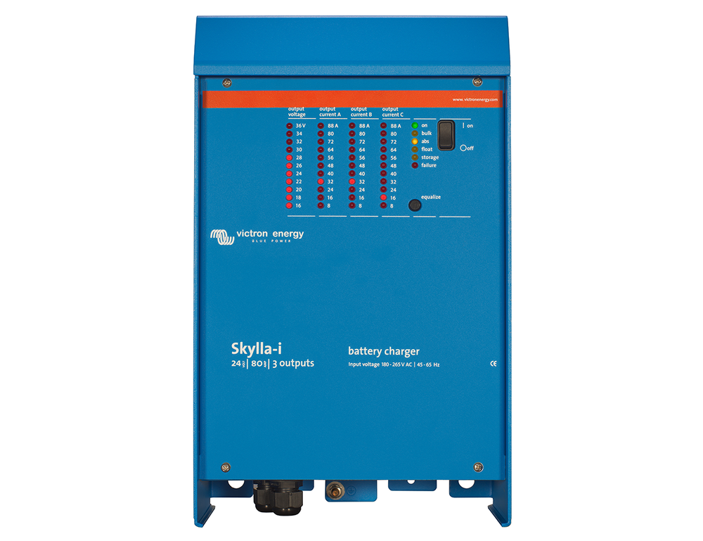 Front view of a Victron Skylla-i 24V 80A (3) battery charger with three output current LED indicator columns.