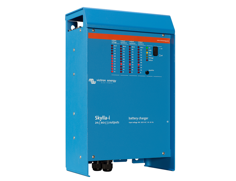 Angled right-side view of a Victron Skylla-i 24V 80A (3) three-output battery charger in blue enclosure.