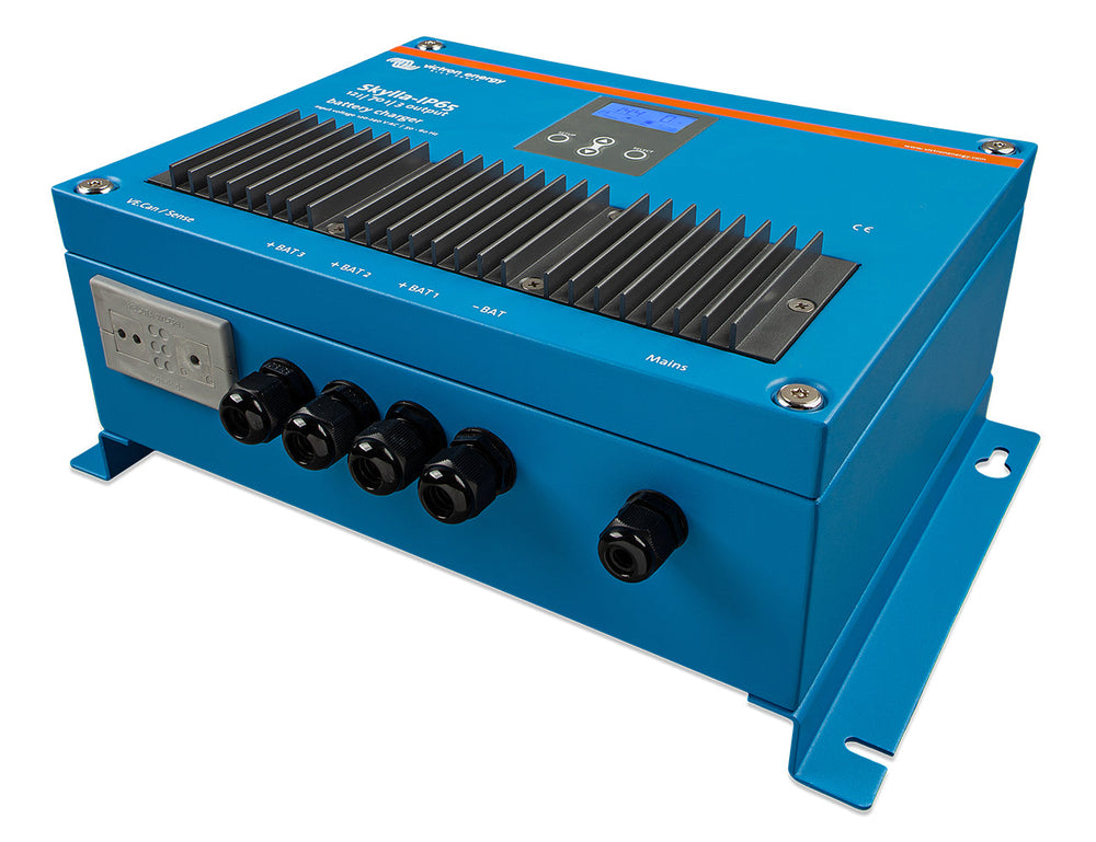 Left side profile of the Victron Skylla-IP65 12V 70A three-output charger with IP65-rated housing