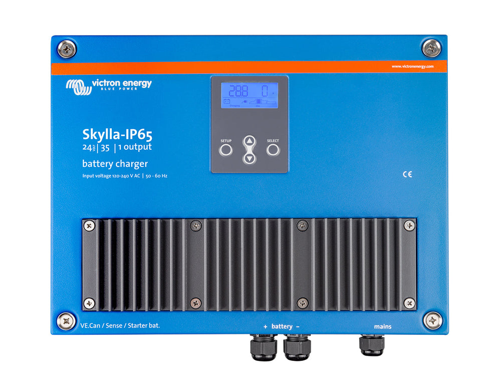 Victron Skylla-IP65 24V 35A (1+1) battery charger viewed from above, for 24V battery systems