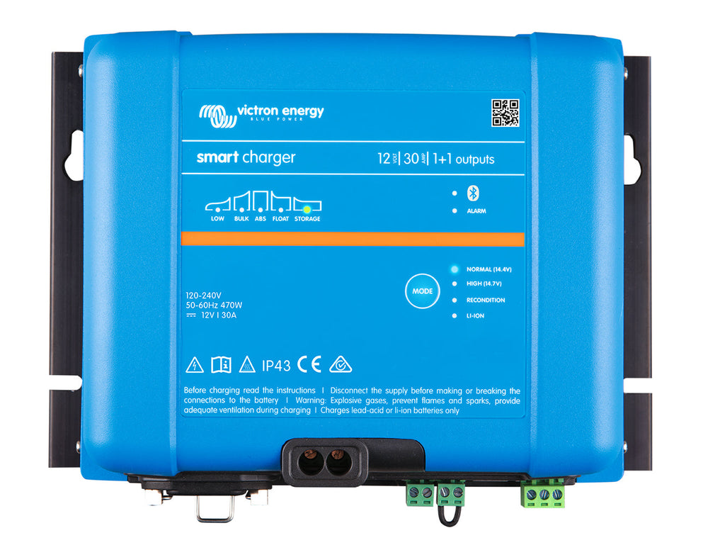 Top view of the Victron Smart IP43 Charger 12/30(1+1), a 12V 30A charger with main and starter battery outputs.