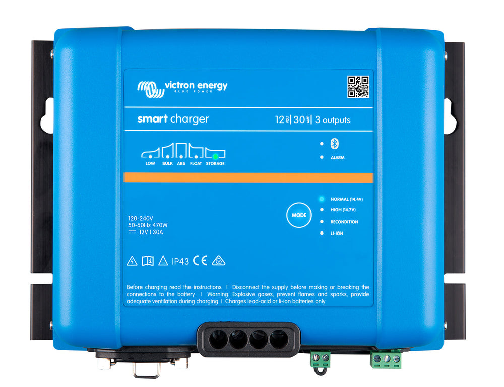 Top view of the Victron Smart IP43 Charger 12/30(3), a 12V 30A charger with three battery outputs.