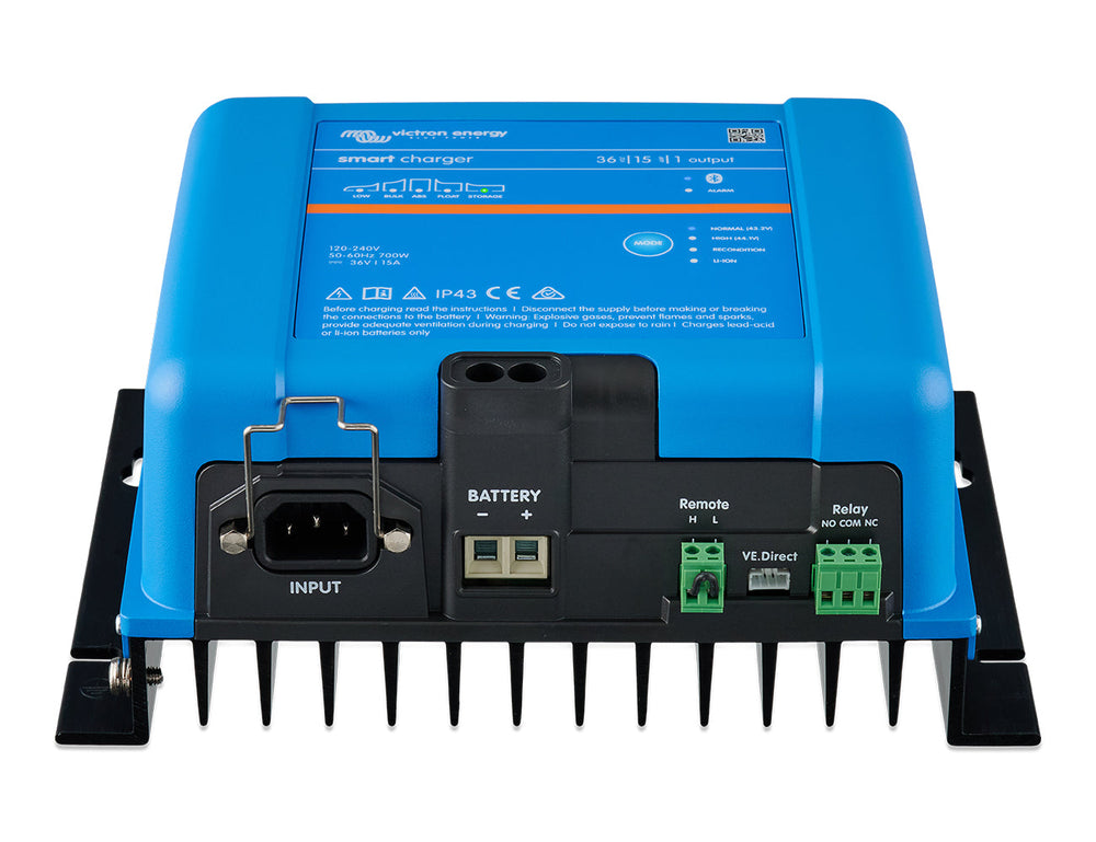 Front view of the Victron Smart IP43 Charger 36/15(1), a 36V 15A single output battery charger.