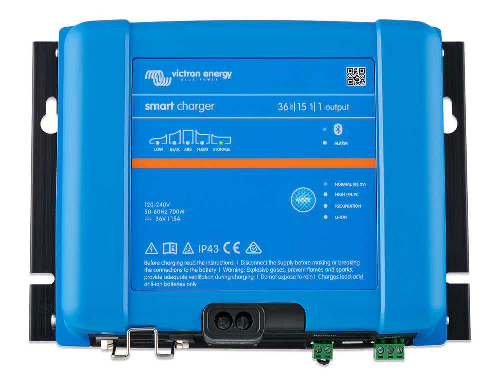 Top view of the Victron Smart IP43 Charger 36/15(1), a 36V 15A charger for a single battery bank.