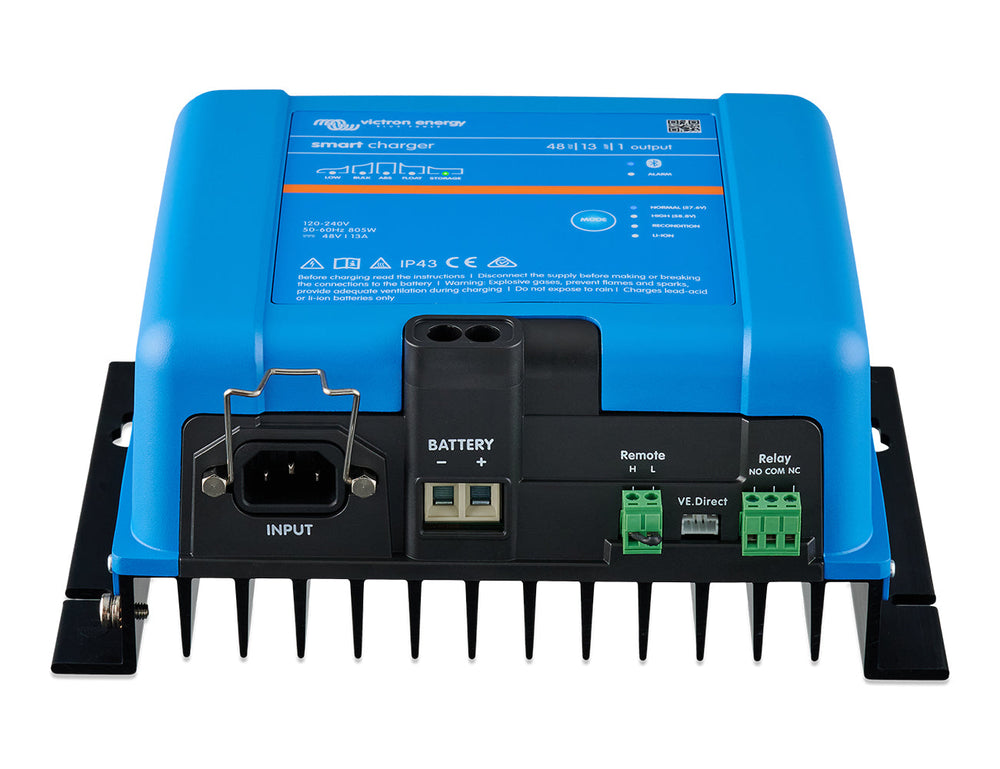 Front view of the Victron Smart IP43 Charger 48/13(1), a 48V 13A single output battery charger.