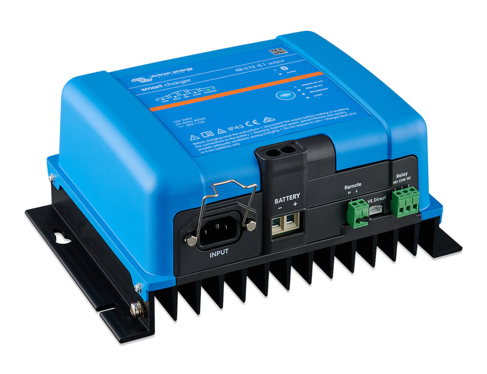 Right side view of the Victron Smart IP43 Charger 48/13(1), showing the blue aluminium IP43 enclosure.